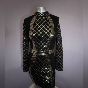 VENUS Black and Gold Geometric Long Sleeve Dress